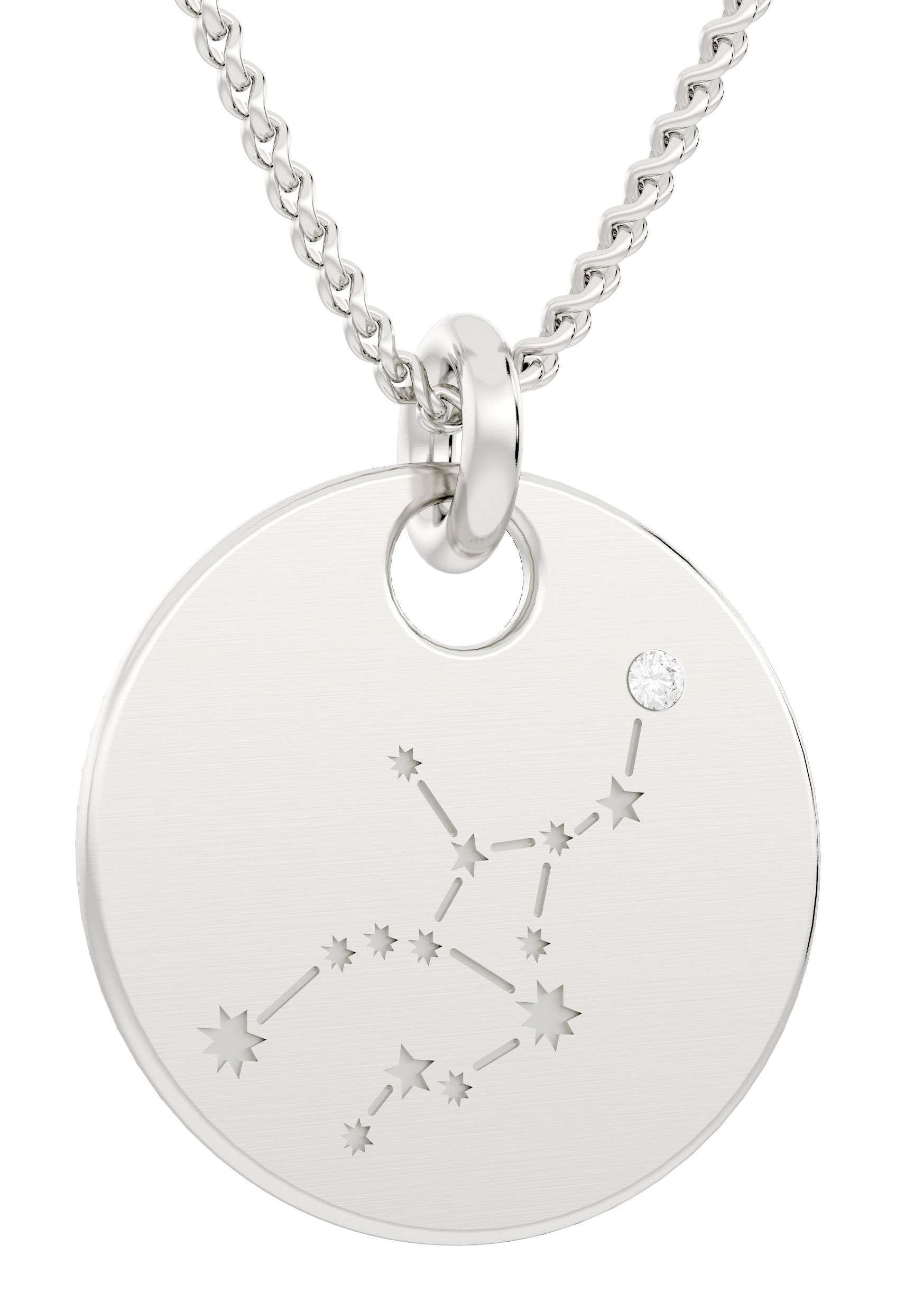 Der Sternbild Kettenanhänger, inkl. Kette, ist eine Halskette mit rundem 925er Silber-Anhänger, graviertem Sternbild und kleinem Diamant-Akzent.