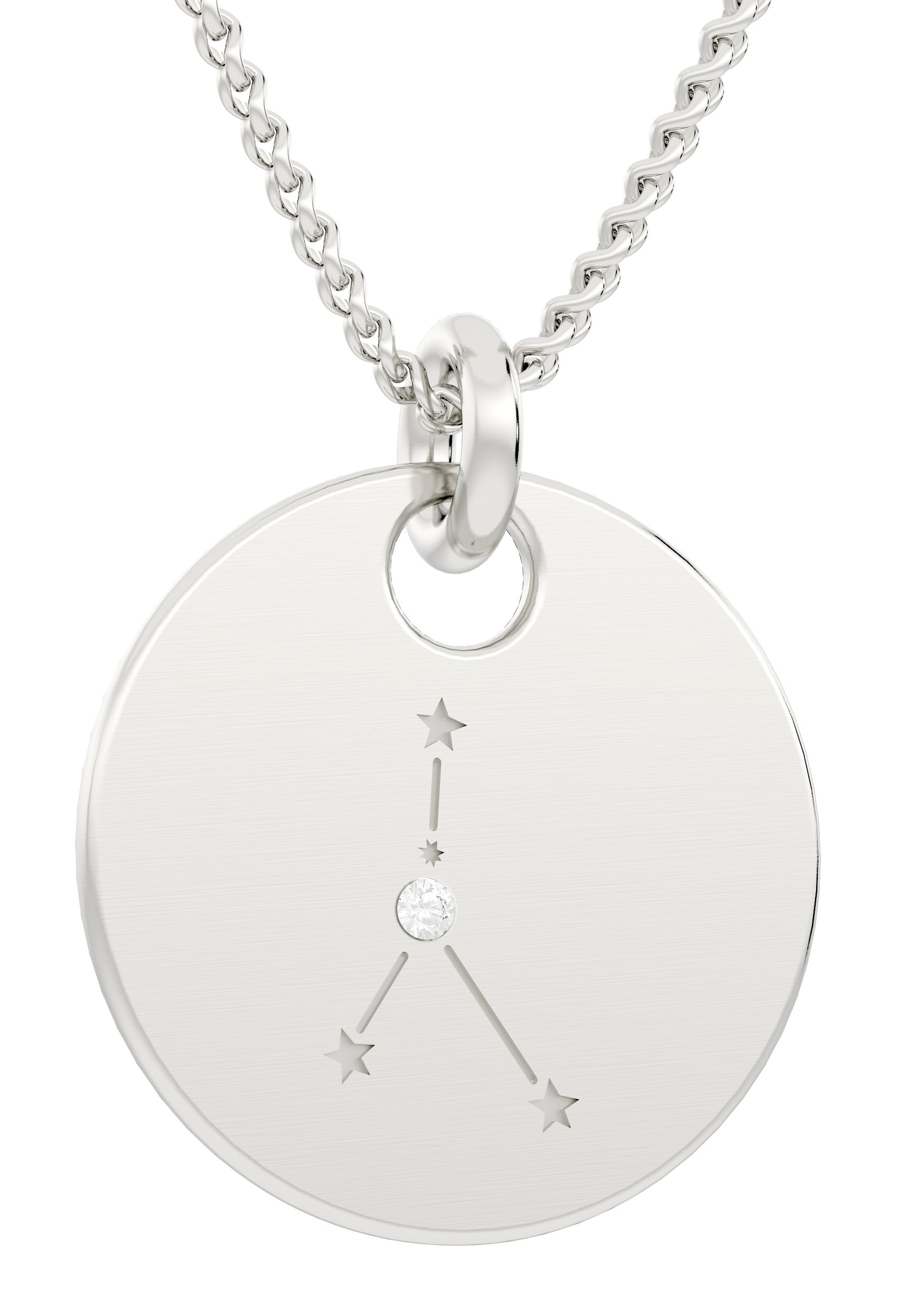 Silberne Halskette mit dem Sternbild-Kettenanhänger inkl. Kette, in den ein Sternbild eingraviert und ein zentraler Diamant eingesetzt ist.