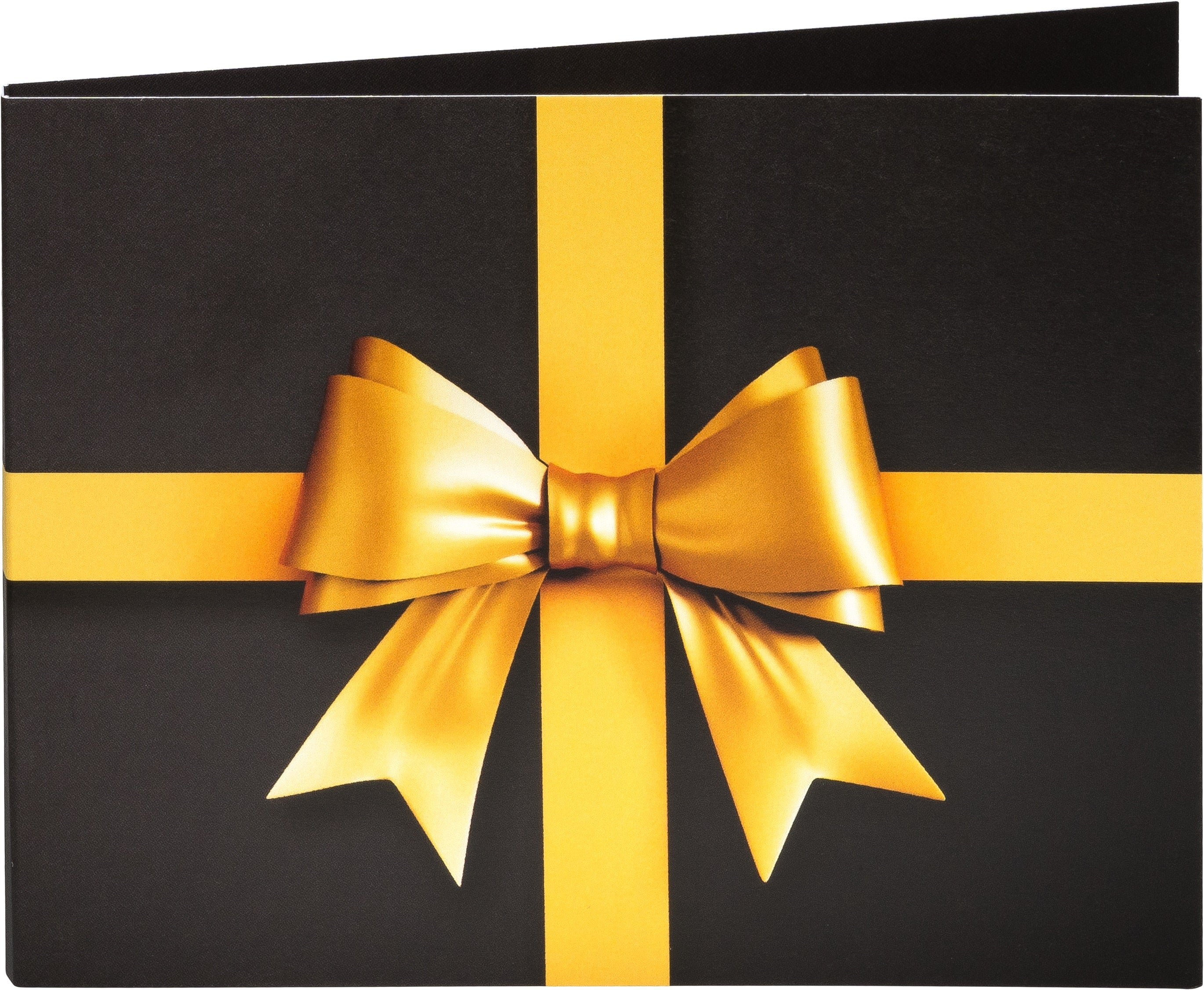 Eine schwarze Karte mit goldenem Band und Schleife, die wie ein verpacktes Geschenk aussieht – ideal, um ein Goldplättchen als einzigartige und durchdachte Goldinvestition zu präsentieren.