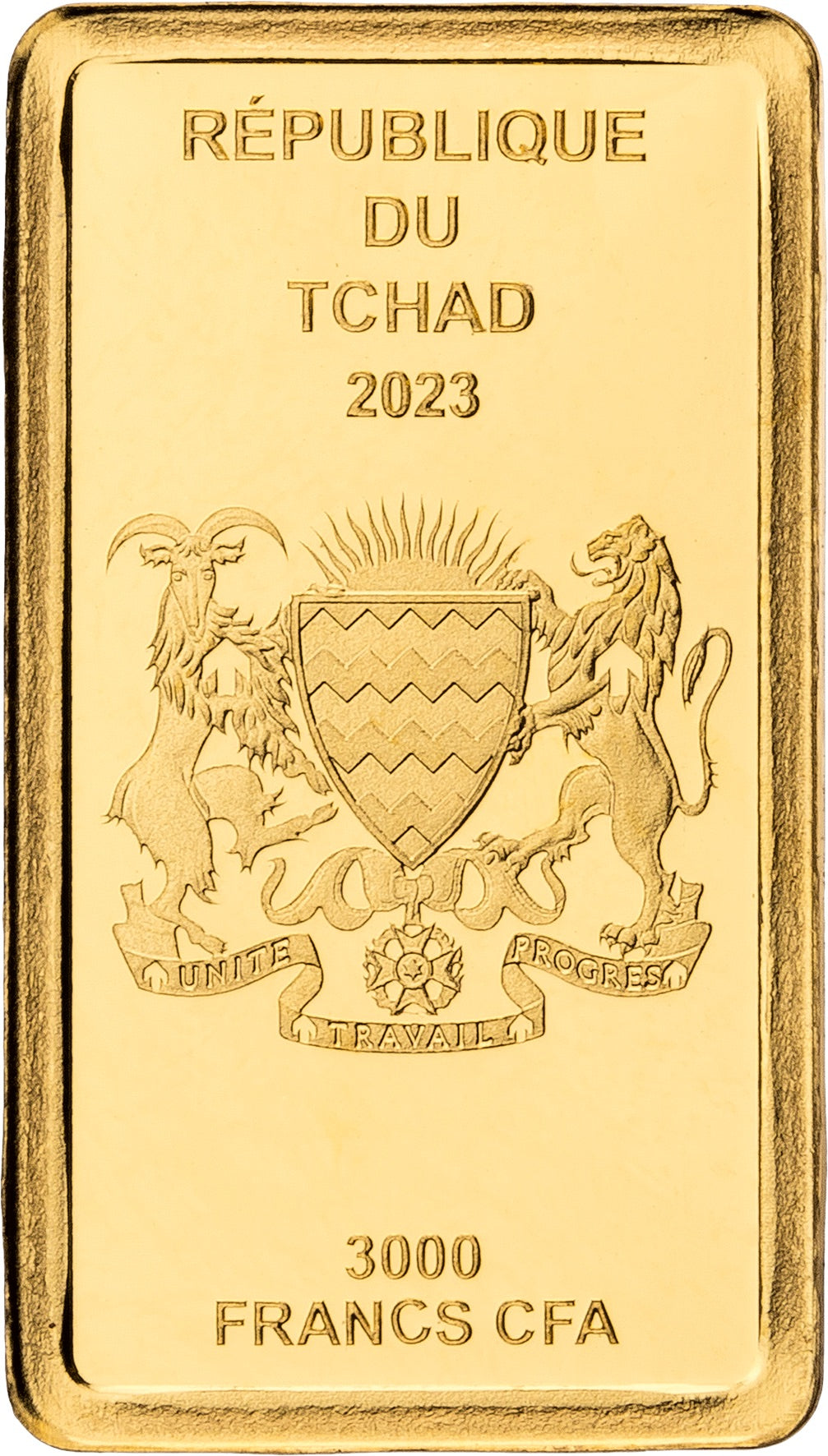 Das Goldplättchen aus dem Tschad von 2023 zeigt das Wappen und einen Nennwert von 3000 Francs CFA – und ist damit eine attraktive Wahl für Goldinvestment-Enthusiasten.