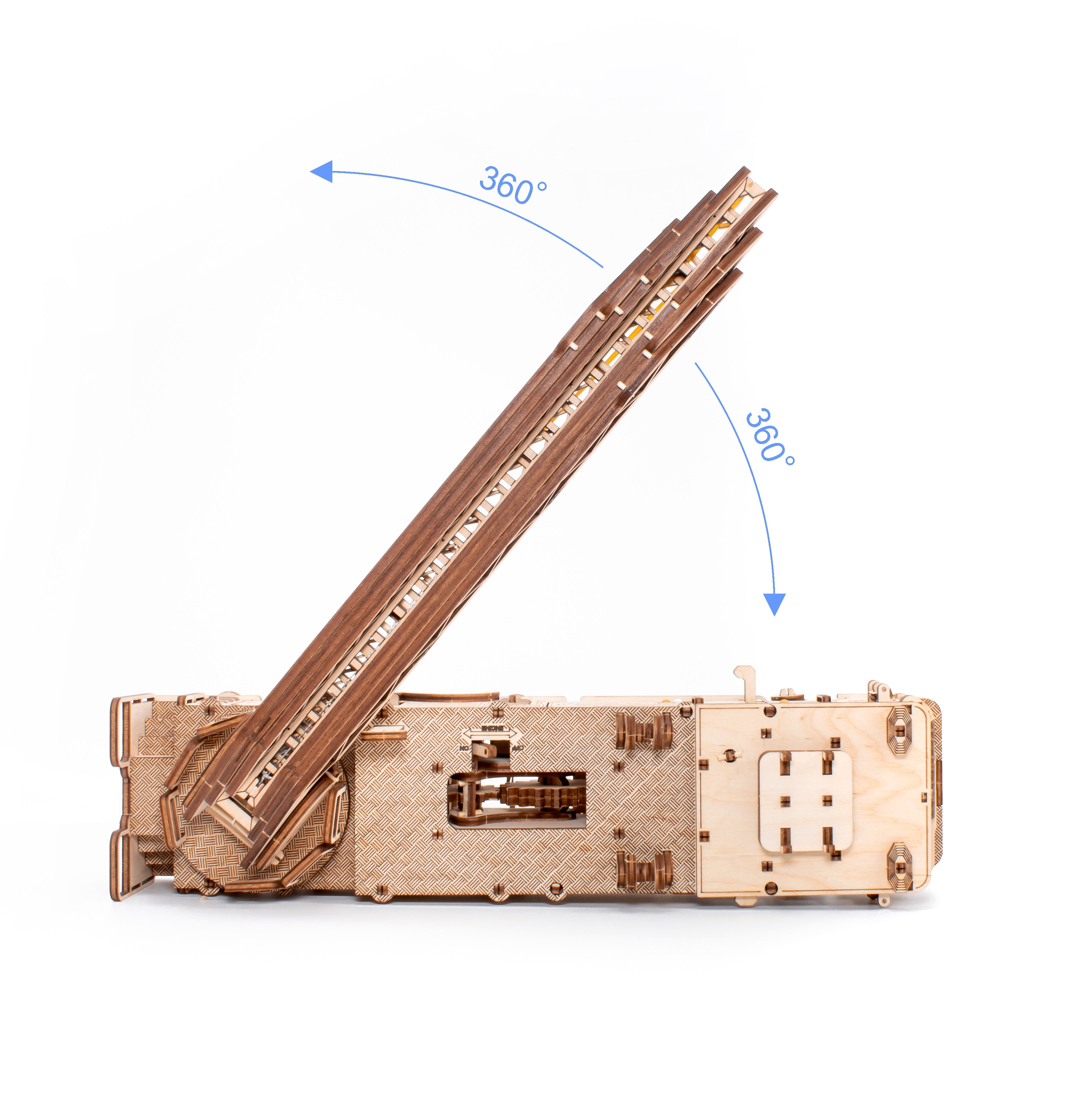Das 3D-Holzpuzzle „Mechanisches Feuerwehrauto“ aus hochwertigem Holz verfügt über einen 360° drehbaren langen Arm (blau gekennzeichnet), ideal zur nachhaltigen Förderung der Feinmotorik.