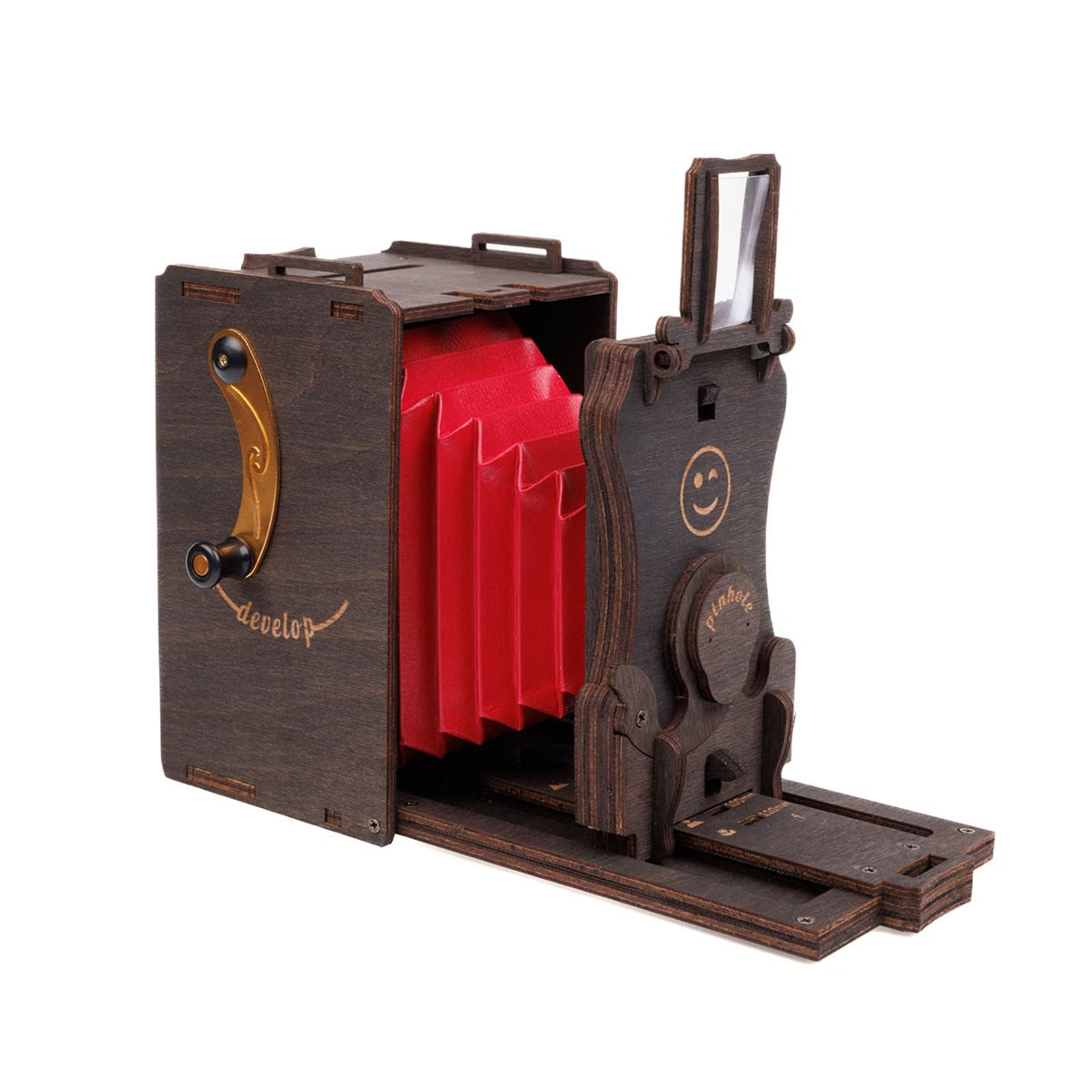 3D Holzpuzzle in Form einer Retro Sofortbildkamera in den Farben Dunkelbraun und Rot