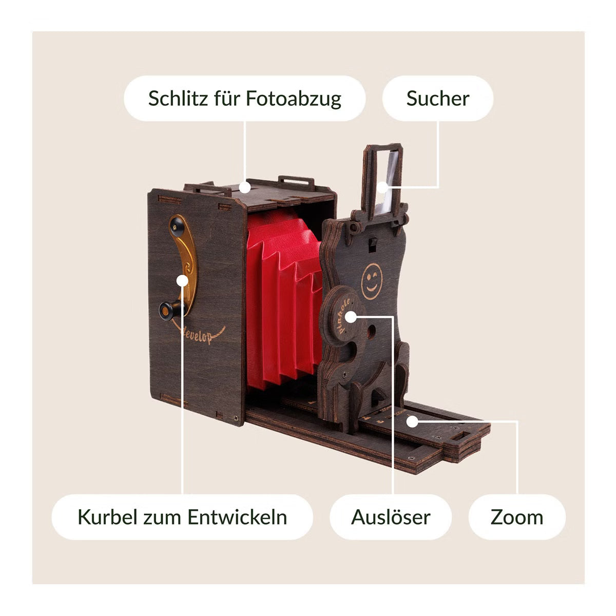 3D Holzpuzzle in Form einer Retro Sofortbildkamera in den Farben Dunkelbraun und Rot