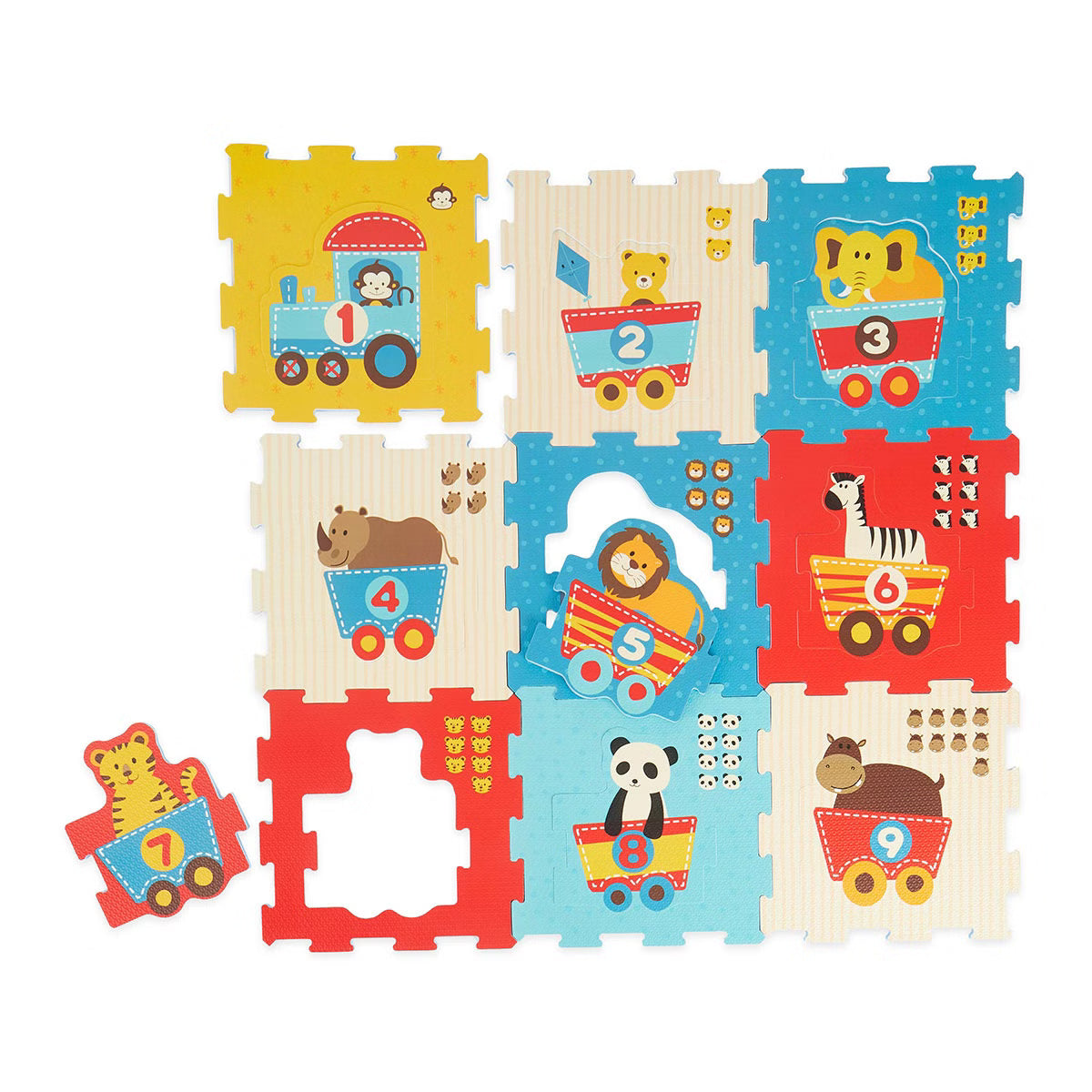 Puzzleteppich in verschiedenen Farben und Tieren bedruckt