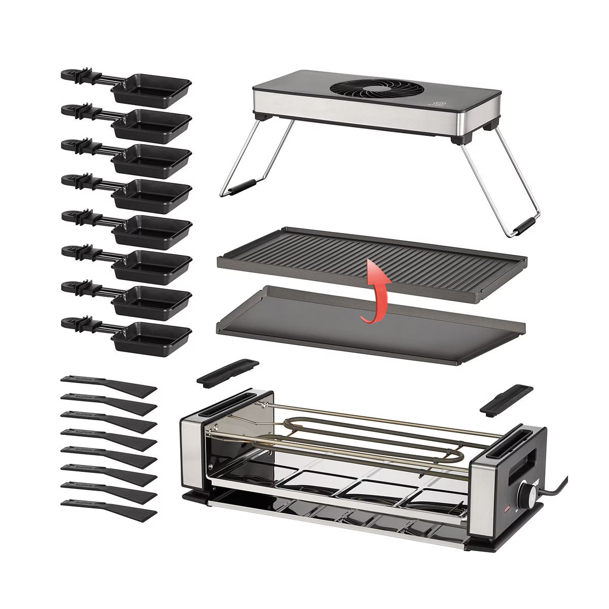 Raclette-Grill in Schwarz und Silber mit integrierter Dunstabzugshaube, für bis zu acht Personen