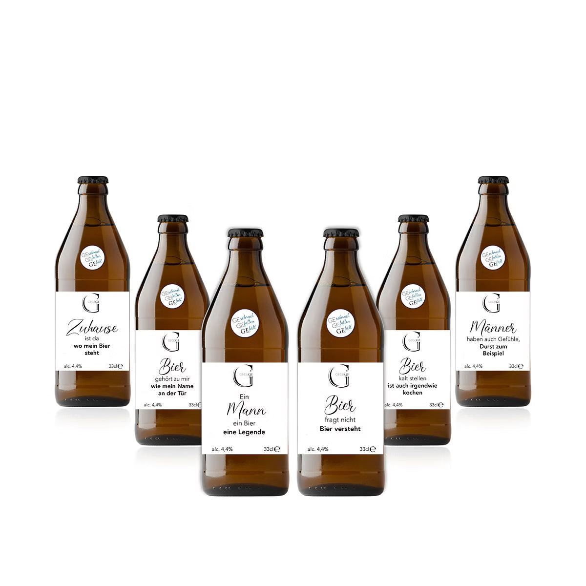 Motto-Bierflaschen mit unterschiedlichen Aufdrucken