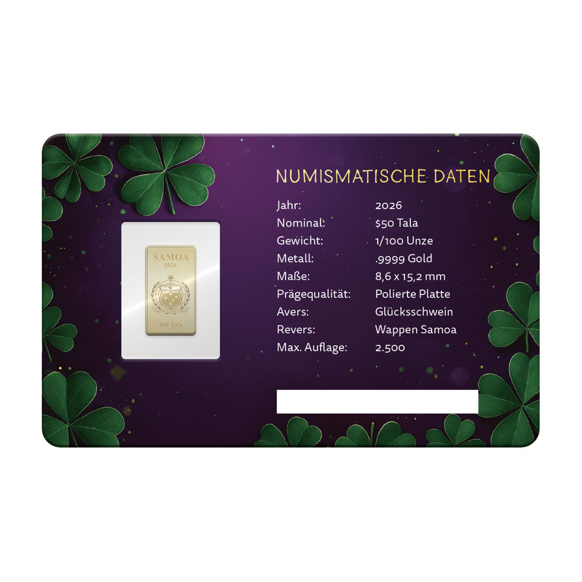 Goldplättchen-Spezifikationskarte in deutscher Sprache mit und Kleeblatt-Design auf lilalnem Hintergrund, links abgebildet – ideal für Goldanlage-Fans oder als Geschenk.