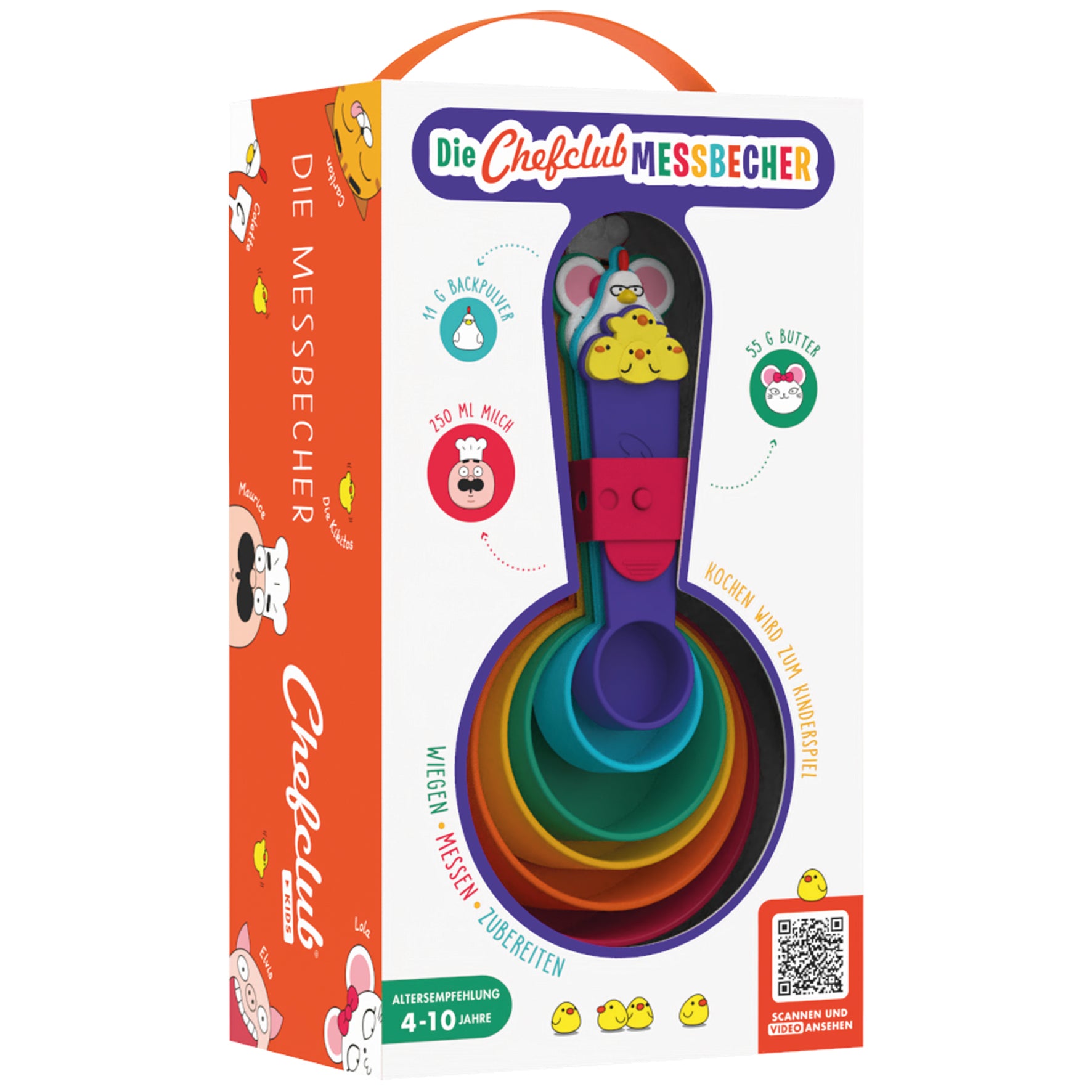 1 Set à 6 Messbechern mit einem kleinen Rezeptbüchlein kinderfreundlicher Rezepte mit 52 Zeichnungen.