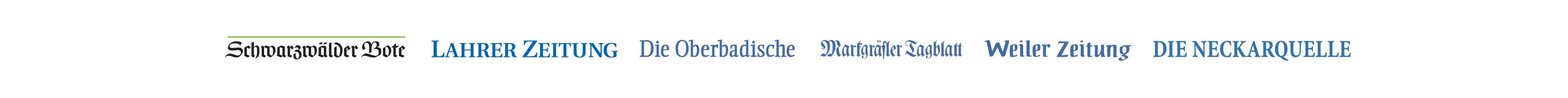Die Logos des Schwarzwälder Boten, Lahrer Zeitung, Die Oberbadische, Markgräfler Tagblatt, Weiler Zeitung und Die Neckarquelle.