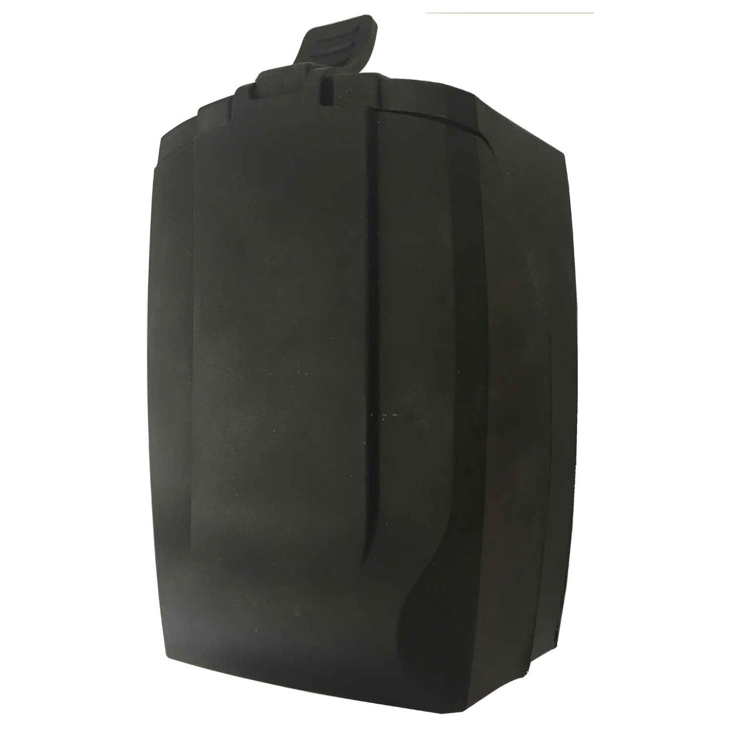 Ein schwarzer, rechteckiger Schlüssel-Safe aus Kunststoff mit kleinem Aufhängehaken und benutzerfreundlichem Druckzahlenkombinationsschloss für die Außenmontage vor weißem Hintergrund.