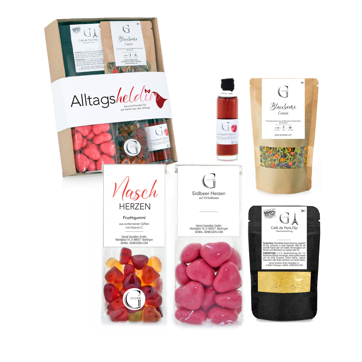 Feinkost-Geschenk-Set mit Banderole mit Aufschrift Alltagsheldin