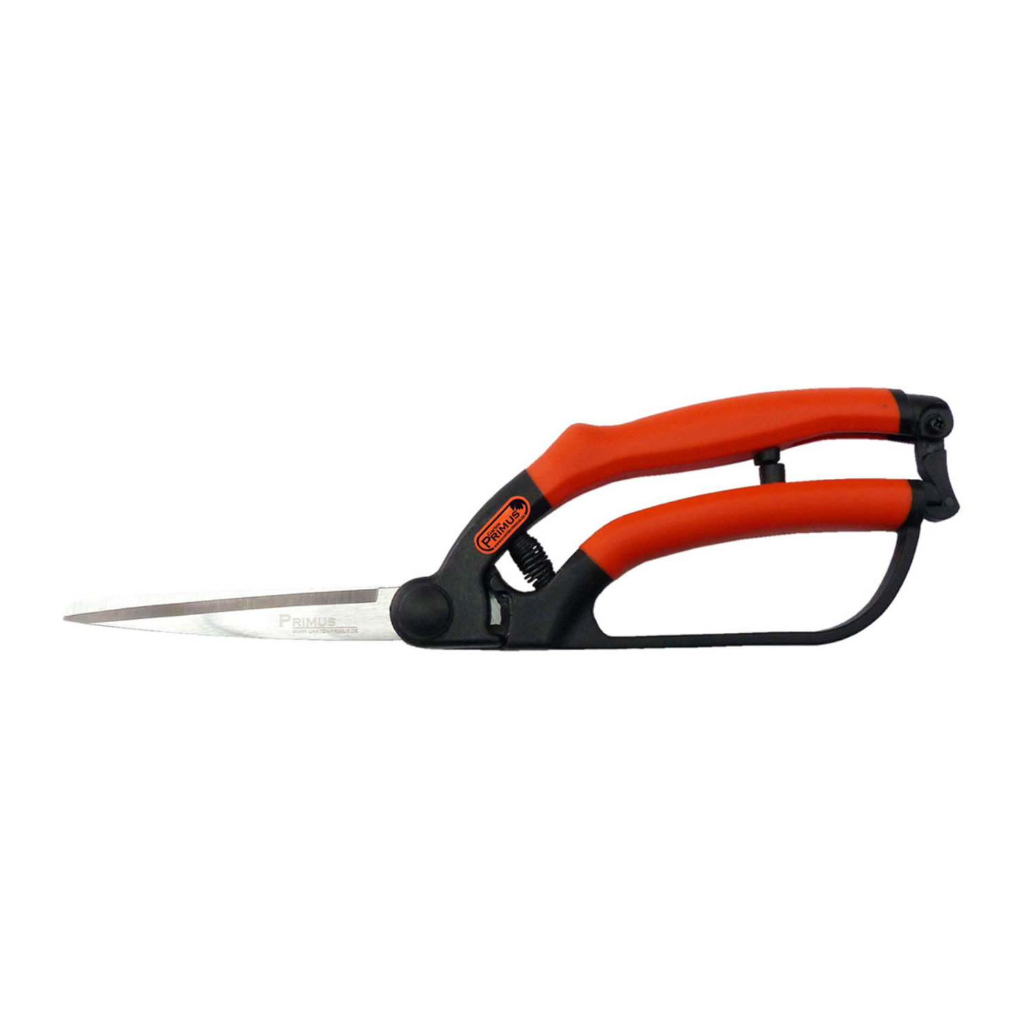 Die Buchsbaumschere klein verfügt über orangefarbene Griffe, eine Metallklinge aus gehärtetem Spezialstahl und einen Sicherheitsverschluss – ideal für den präzisen Gartenschnitt.