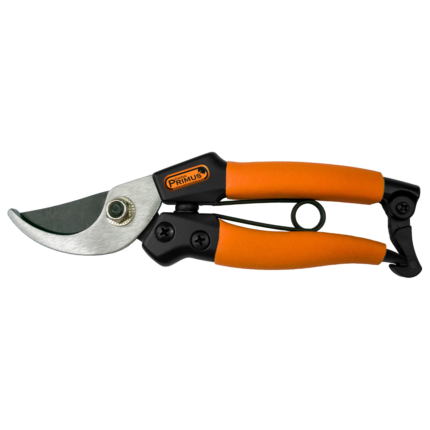 Die Damen Garten-Schere verfügt über orangefarbene Griffe, eine gebogene Klinge und einen Sicherheitsriegel für sicheres Beschneiden.