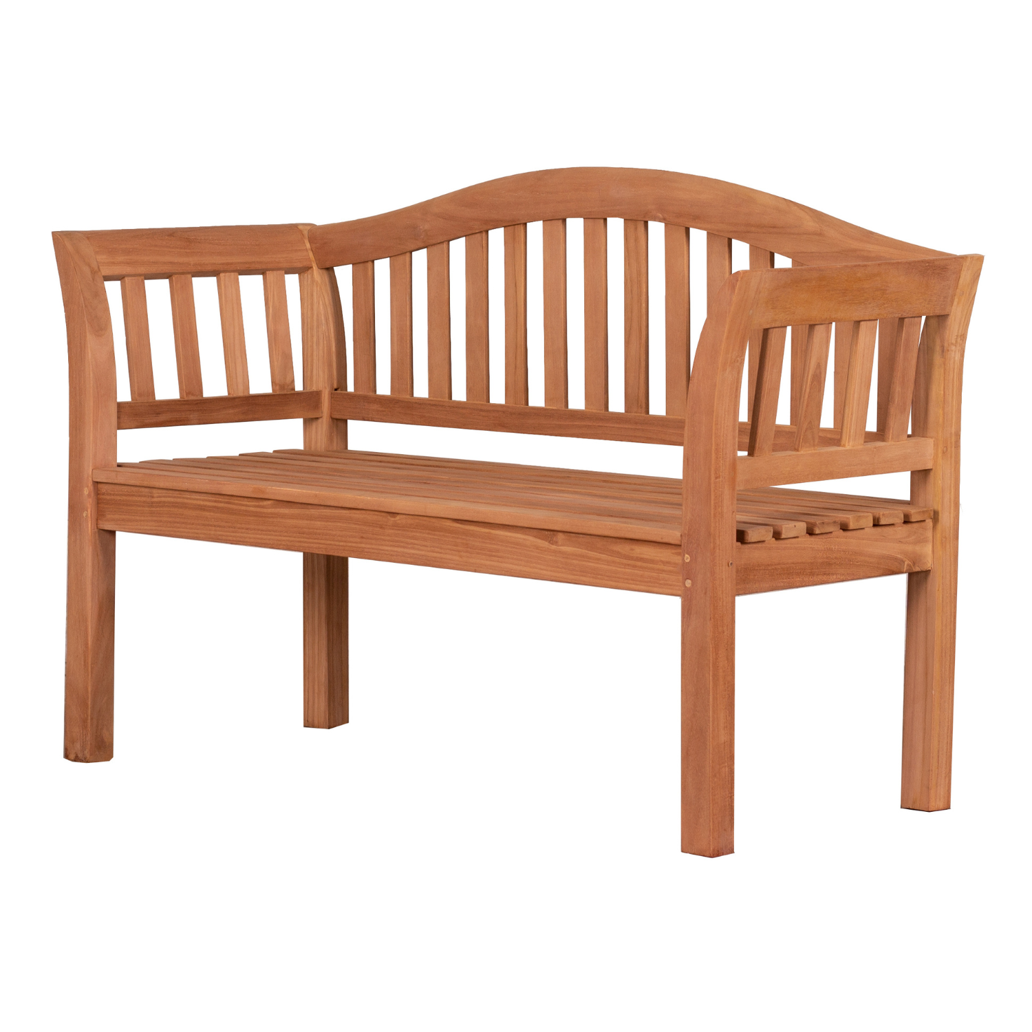 Die Gartenbank Wave aus Massivholz-Teak mit geschwungener Rückenlehne, vertikalen Streben und Armlehnen ist ein stilvolles Outdoor-Möbel für Ihren Garten.