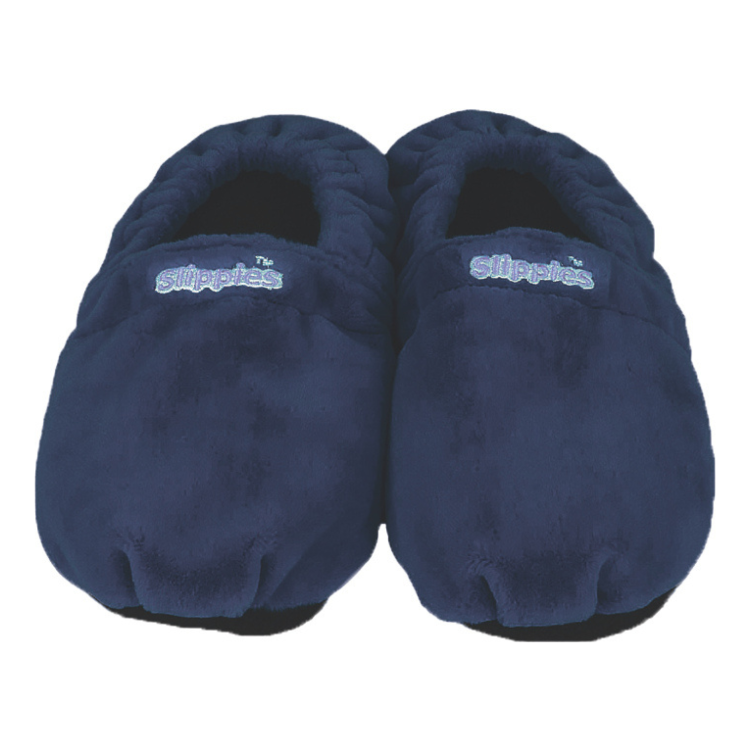 Ein Paar Slippies® Classic dunkelblau (Größe 41–45) Hausschuhe in plüschigem Marineblau, oben mit Slippies® bestickt und mit einem beruhigenden Lavendelduft.