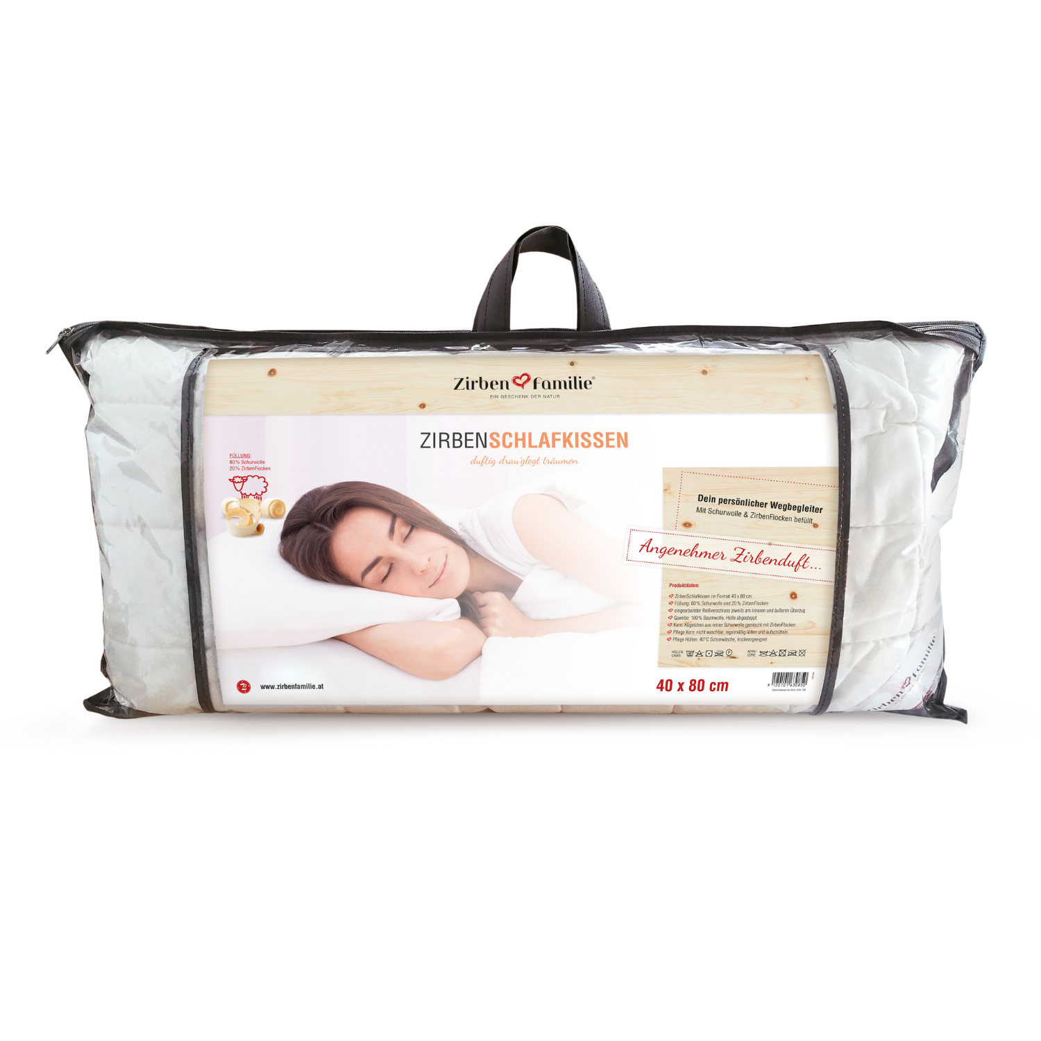 In der Verpackung ist ein gestepptes weißes ZirbenFamilie Schlafkissen 40 x 80, auf der eine schlafende Frau abgebildet ist.