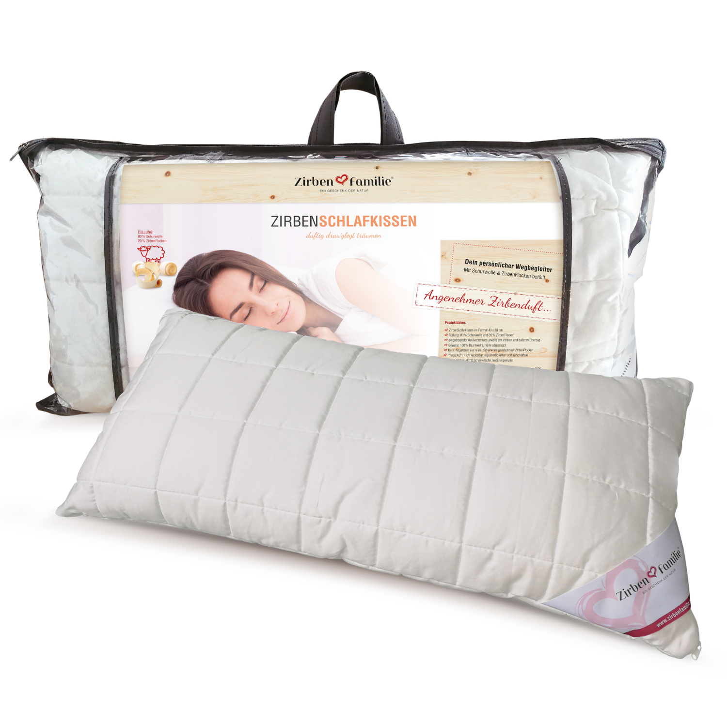 Vor der Verpackung ist ein gestepptes weißes ZirbenFamilie Schlafkissen 40 x 80 abgebildet, auf dem eine schlafende Frau abgebildet ist.