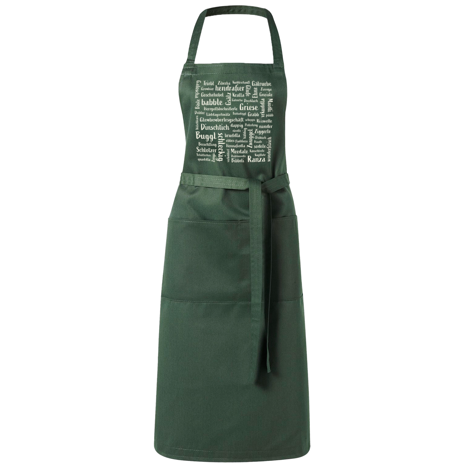 Dunkelgrüne Latzschürze bedruckt mit Mundart-Begriffen auf der Brust. 