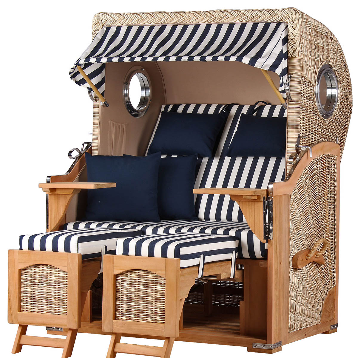 Strandkorb DÜNE Design blau-weiß gestreift inkl. Gratis Feuerschale – bequemer Outdoor-Sitz mit Fußstützen, wetterfester Teak-Holz-Rahmen und Sonnendach, ideal zum Entspannen am Meer.