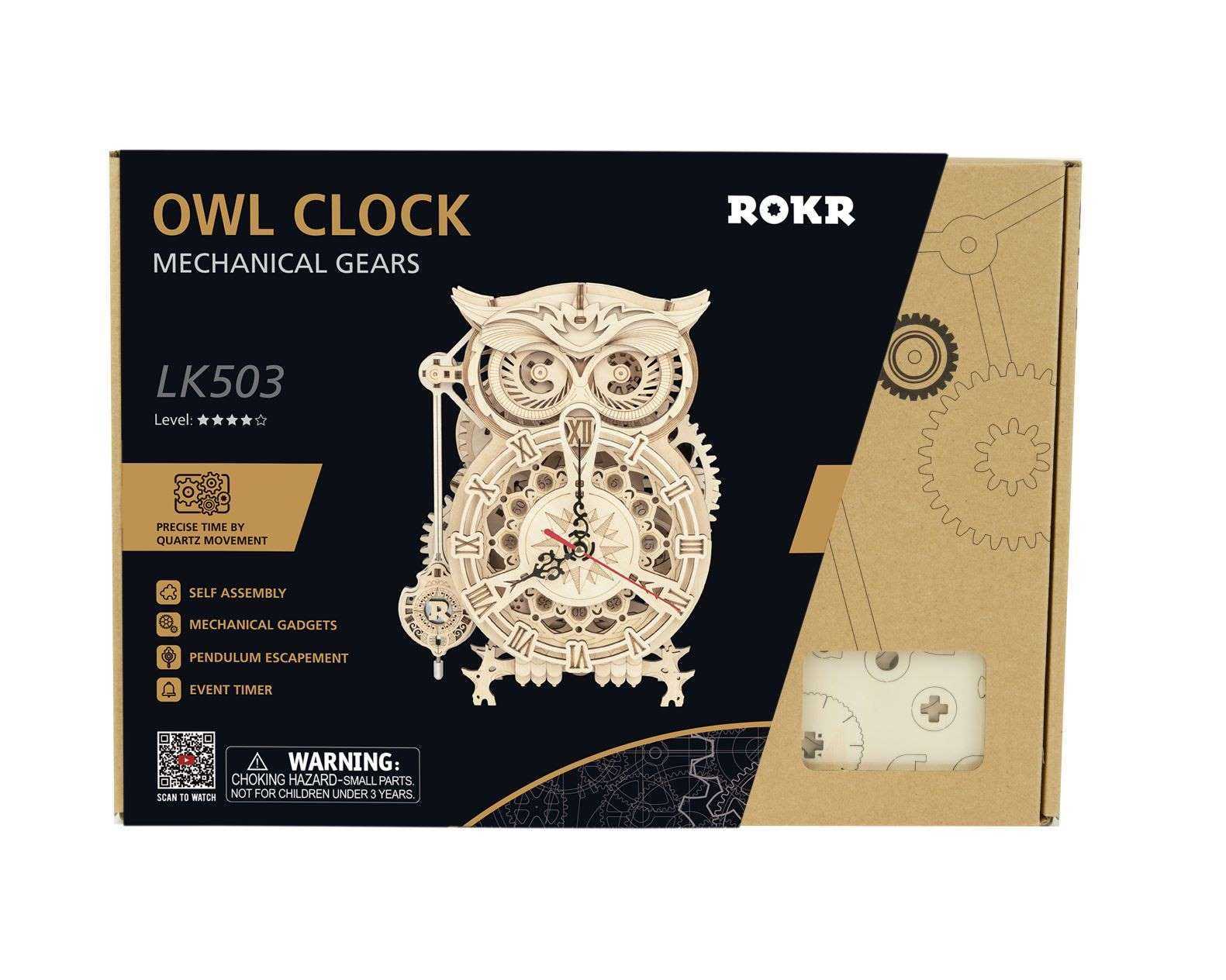 Das 3D-Holzpuzzle „Eulen Puzzle“ ist eine mechanische Uhr in Eulenform mit Quarz-Uhrenwerk-Technologie, vollständigen Produktdetails und einer Schritt-für-Schritt-Montageanleitung für das 3D-Holzmodell.