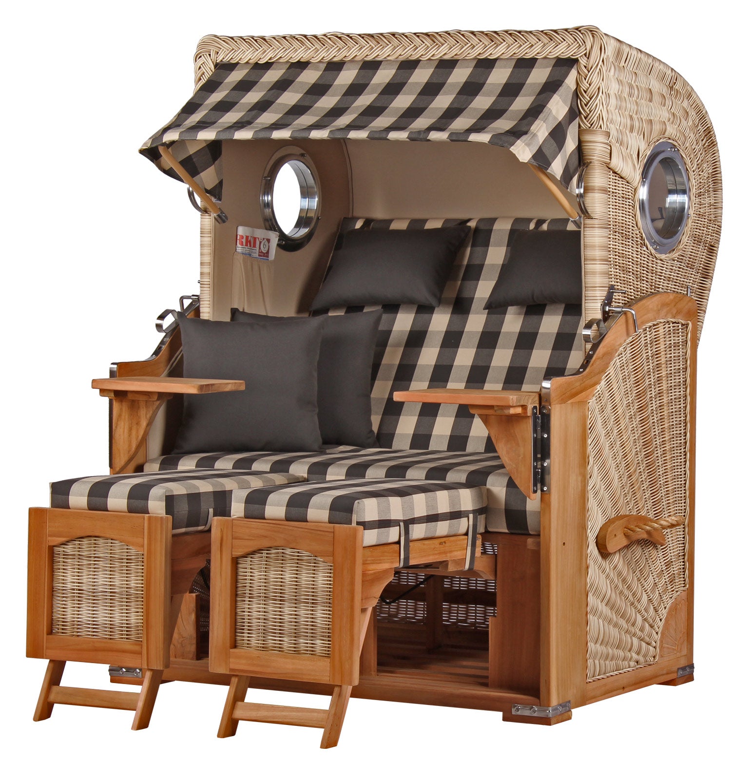 Strandkorb DÜNE Design in grau kariert mit gratis Feuerschale – ein stilvolles Highlight für Ihre Outdoor-Möbel-Sammlung.