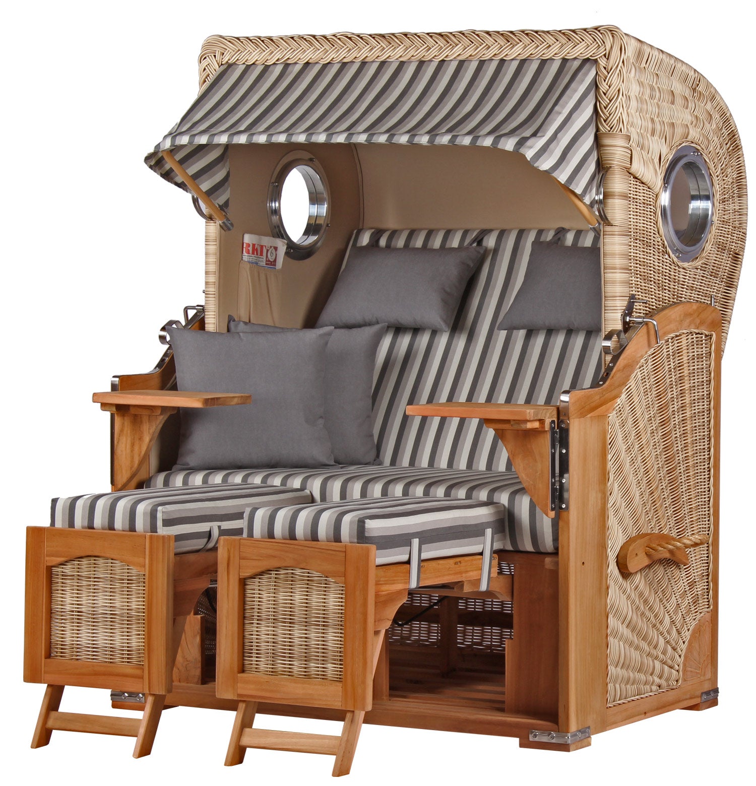 Strandkorb DÜNE Design grau gestreift inkl. Gratis Feuerschale: komfortables Outdoor-Möbel mit Streifenlook, Baldachin, Fußstützen und eleganten Teakholz-Armlehnen – ideal zum stilvollen Entspannen.